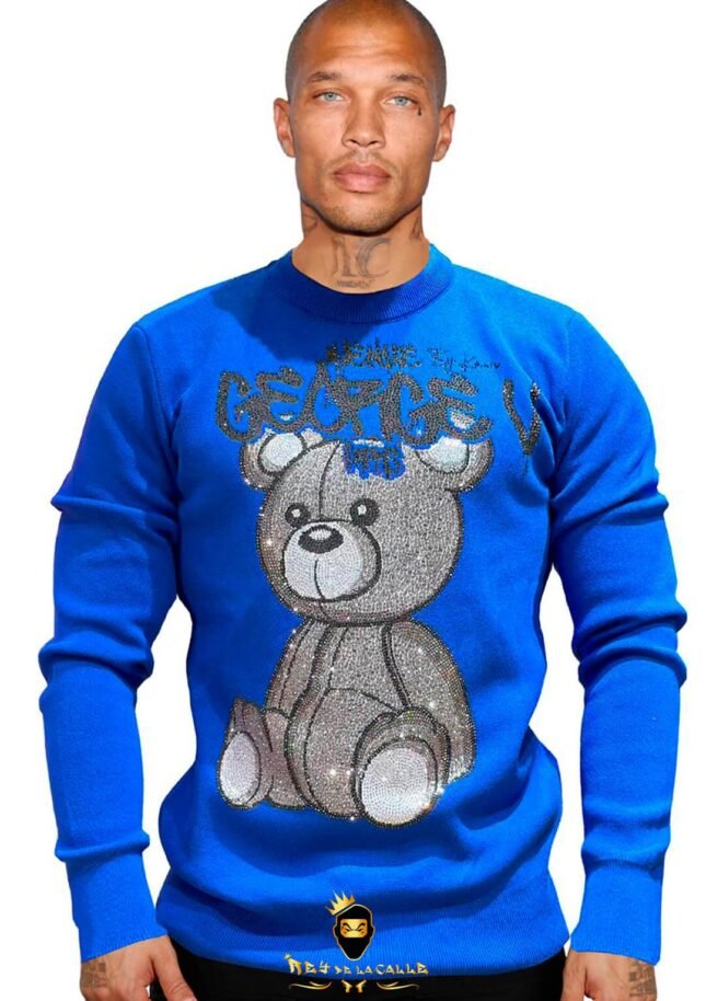 Sudadera Avenue George V París Azul Pedrería Brillante Oso Gris