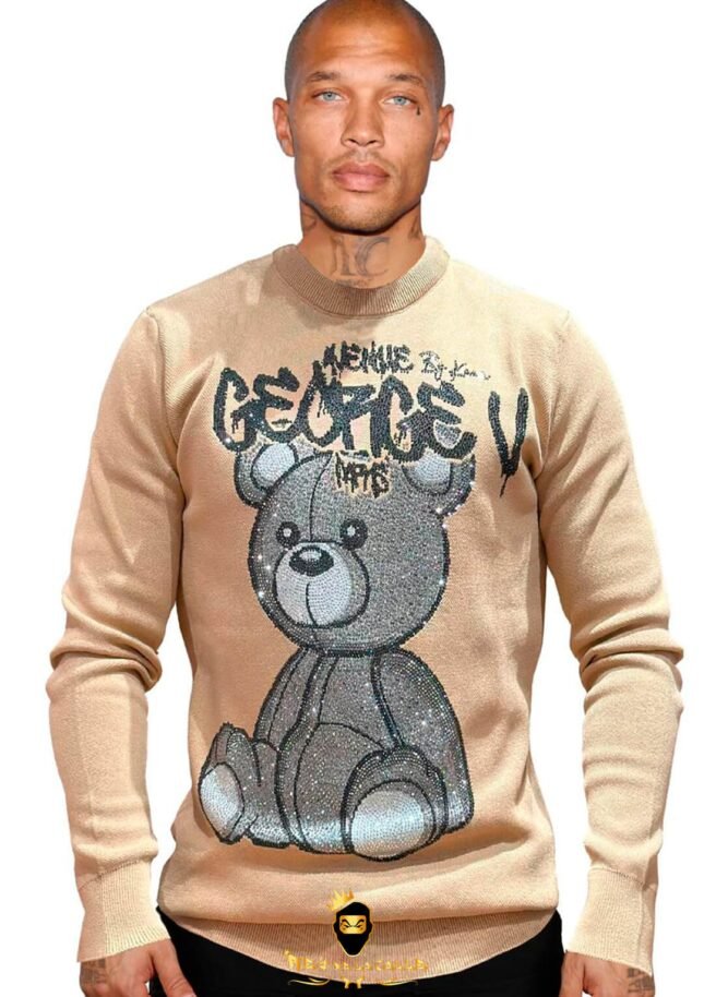 Sudadera Avenue George V París Beige Pedrería Brillante Oso Gris