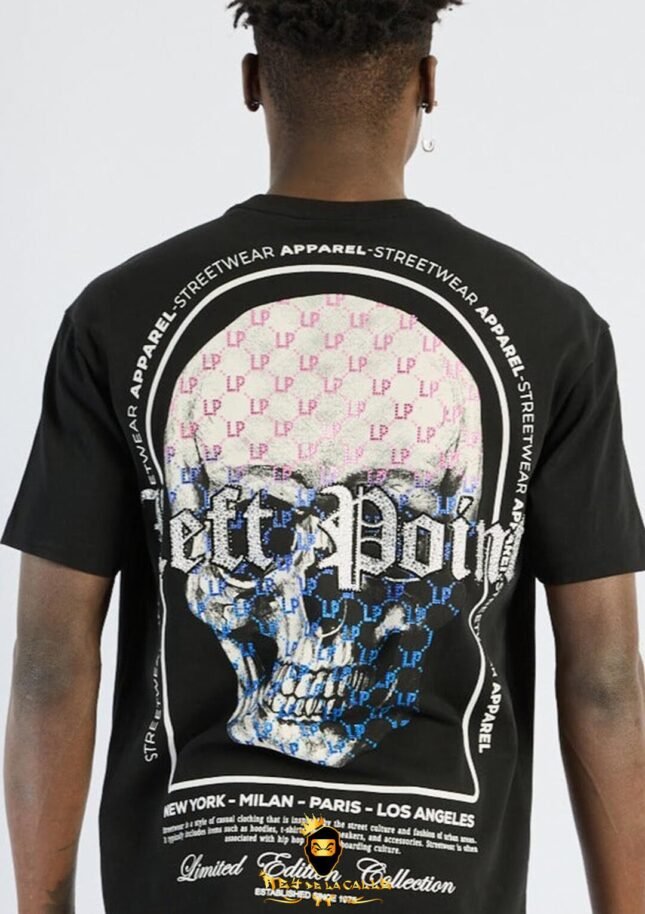 Camiseta Left Point Negra Pedrería Brillante Calavera Rosa Con Azul