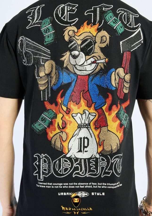 Camiseta Left Point Negra Pedrería Brillante Oso En Llamas