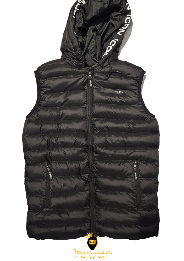 Chaleco Negro Marca ICON Letras Pequeñas Capucha