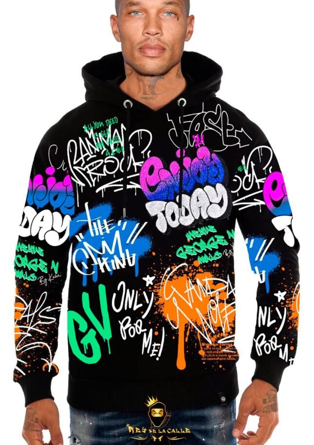 Sudadera Avenue George V París Negra Pedrería Brillante Letras Coloridas