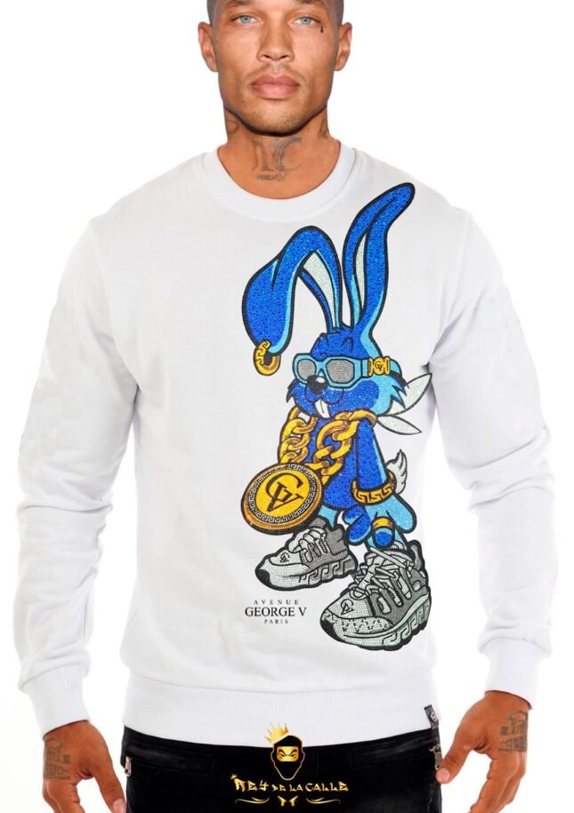 Sudadera Avenue George V París Blanca Pedrería Brillante Conejo Azul