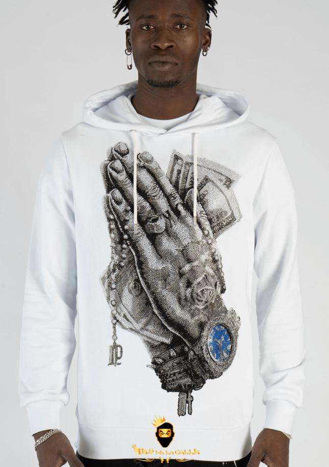 Sudadera Left Point Blanca Pedrería Brillante Manos Orando