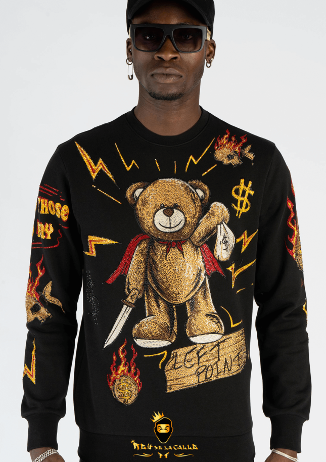 Sudadera Left Point Negra Pedrería Brillante Oso Con Capa