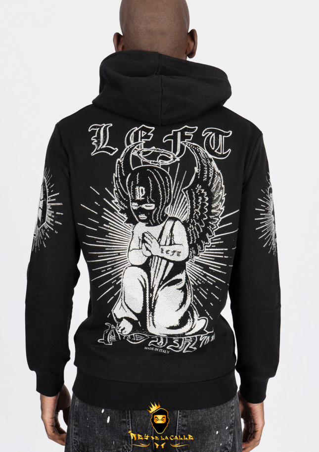 Sudadera Left Point Negra Pedrería Brillante Ángel Con Capucha