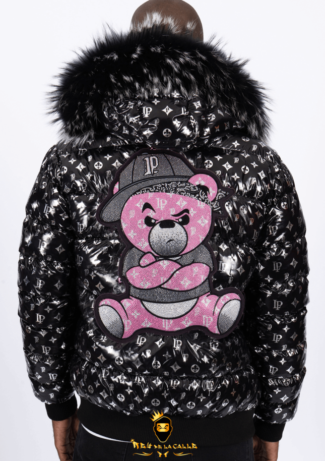 Chaqueta Left Point Negra Pedrería Brillante Oso Rosa Gorra