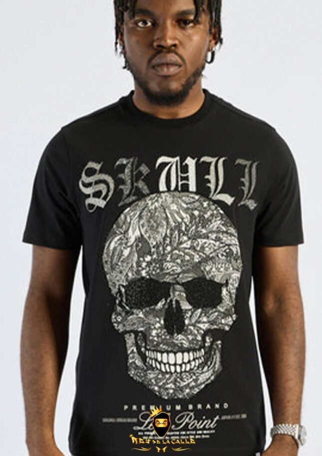 Camiseta Left Point Negra Pedrería Brillante Skull