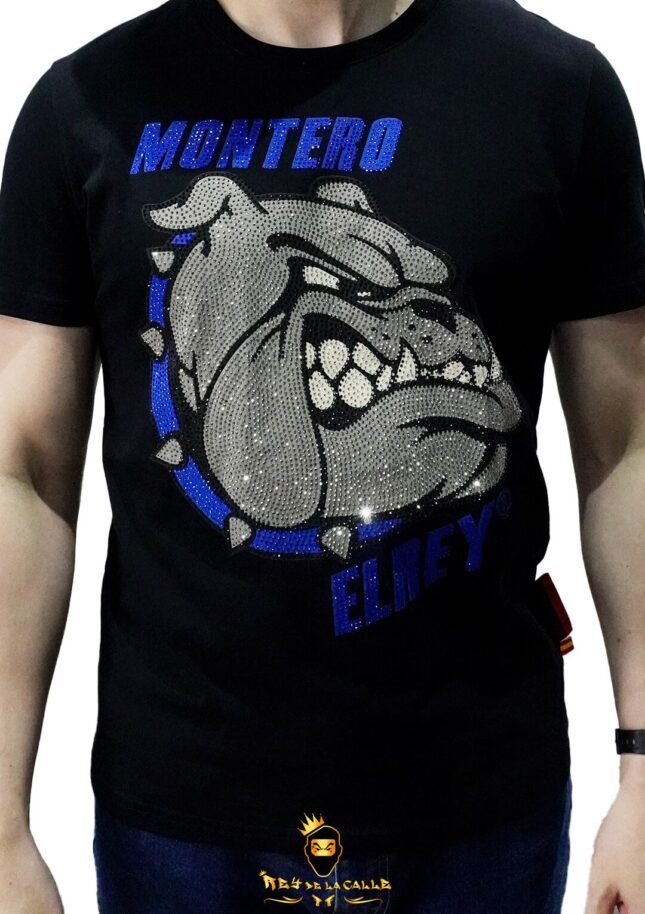 Camiseta Montero El Rey Negra Pedrería Brillante Bulldog Collar Azul