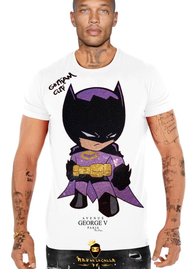 Camiseta Avenue George V París Blanca Pedrería Brillante Batman