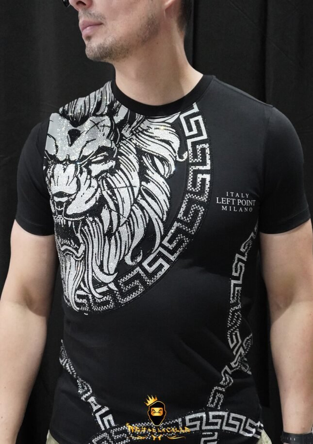 Camiseta Left Point Negra Pedrería Brillante Circulo León