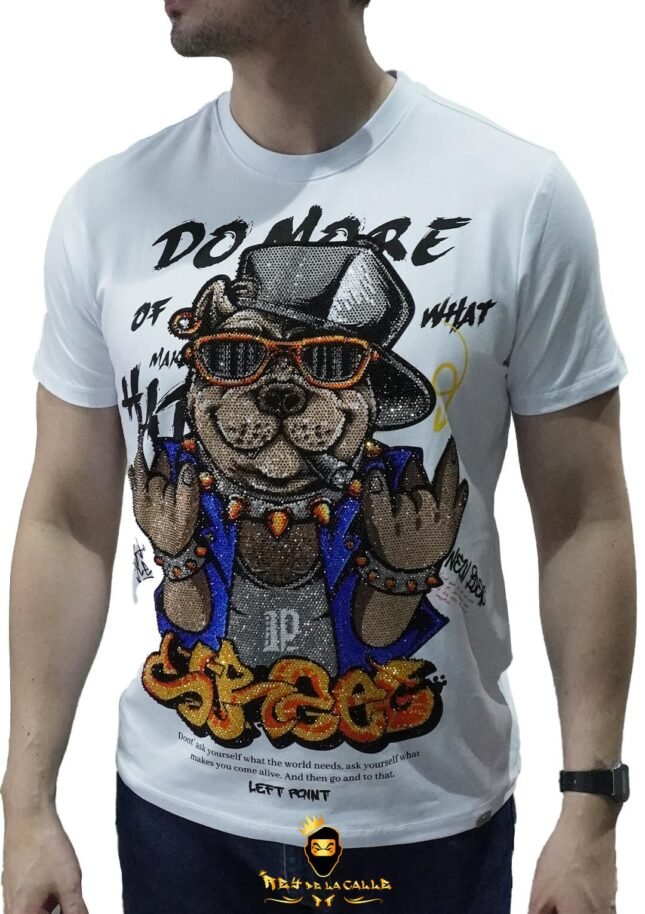 Camiseta Left Point Blanca Pedrería Brillante Perro Street