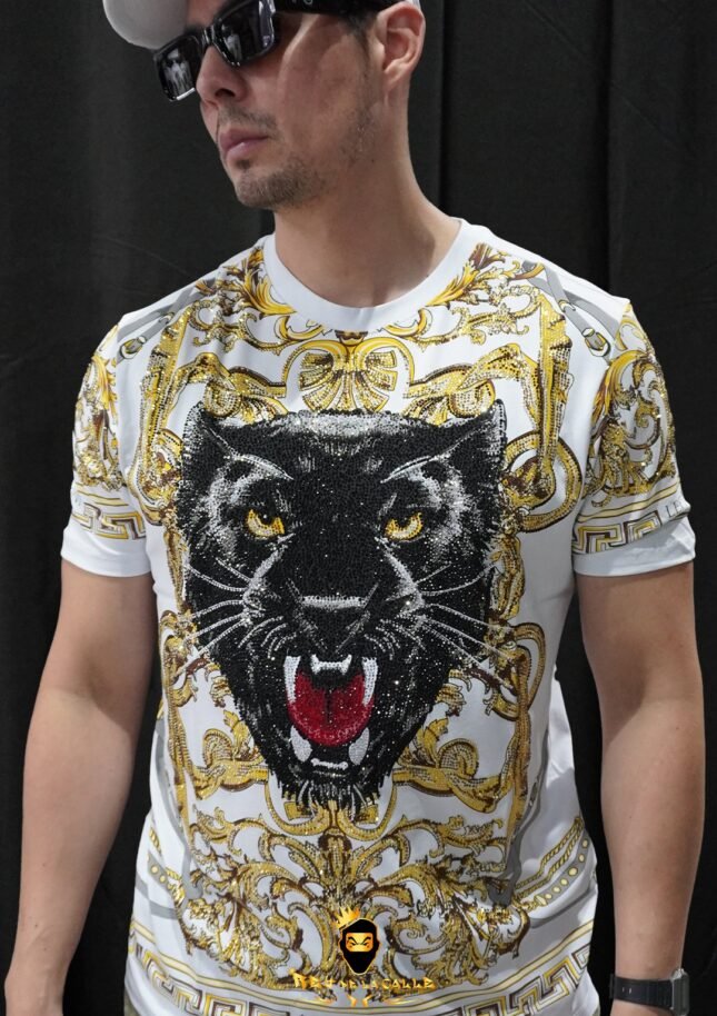 Camiseta Left Point Blanca Pedrería Brillante Cara De Pantera