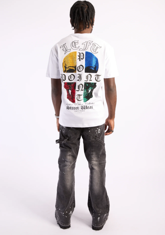 Camiseta Left Point Blanca Pedrería Brillante Calavera Colorida