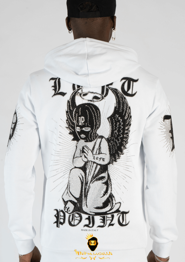 Sudadera Left Point Blanca Pedrería Brillante Ángel Con Capucha