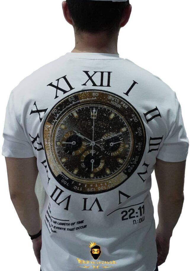 Camiseta Left Point Blanca Pedrería Brillante Reloj Dorado