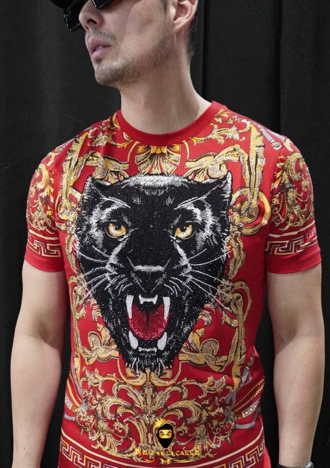 Camiseta Left Point Roja Pedrería Brillante Cara De Pantera