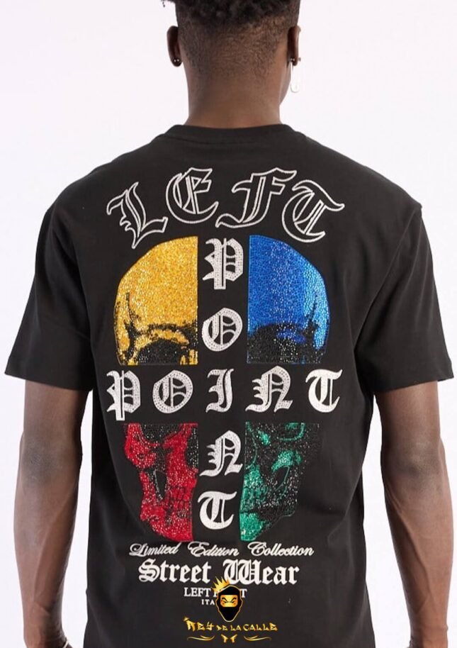 Camiseta Left Point Negra Pedrería Brillante Calavera Colorida