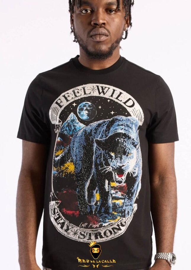 Camiseta Left Point Negra Pedrería Brillante Pantera Feel Wild