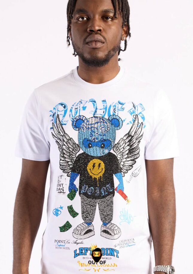 Camiseta Left Point Blanca Pedrería Brillante Oso Ángel Azul
