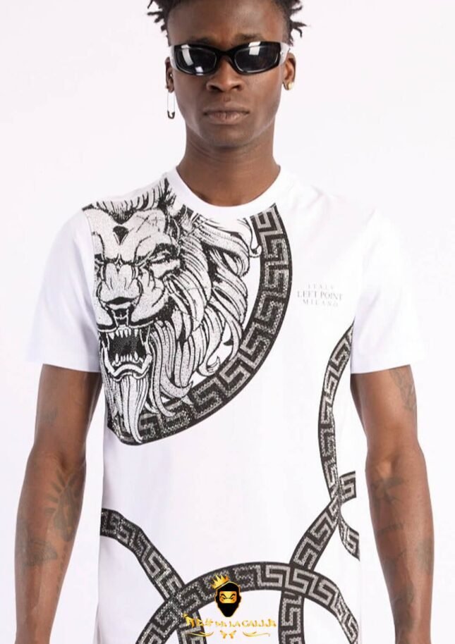 Camiseta Left Point Blanca Pedrería Brillante Circulo León