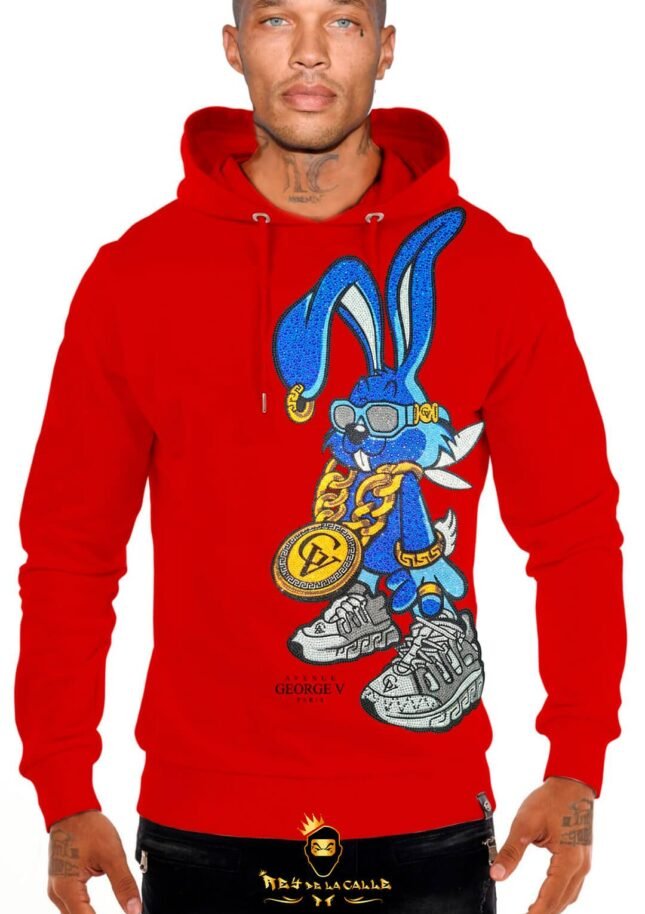 Sudadera Avenue George V París Roja Pedrería Brillante Conejo Azul