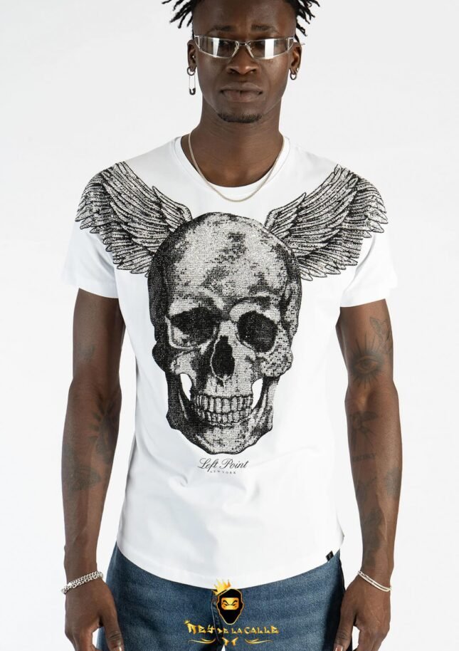 Camiseta Left Point Blanca Pedrería Brillante Calavera Con Alas Plateada