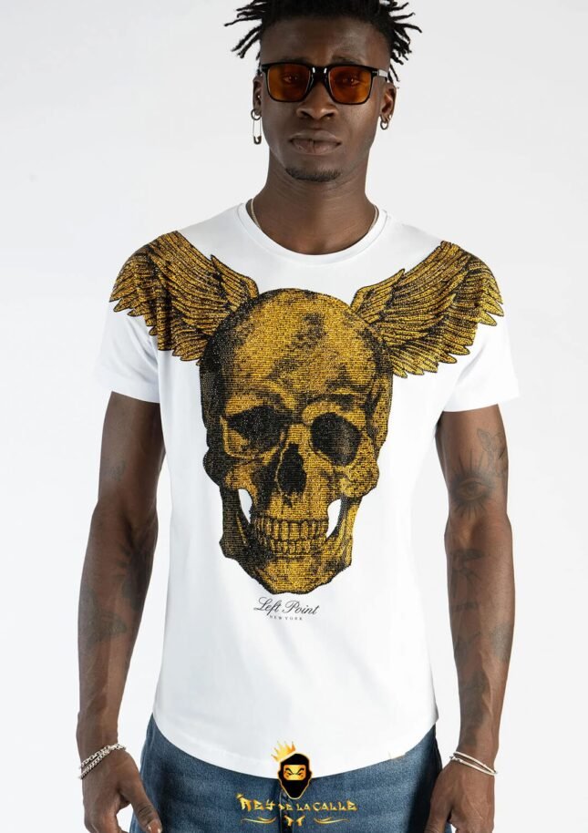 Camiseta Left Point Blanca Pedrería Brillante Calavera Con Alas Doradas