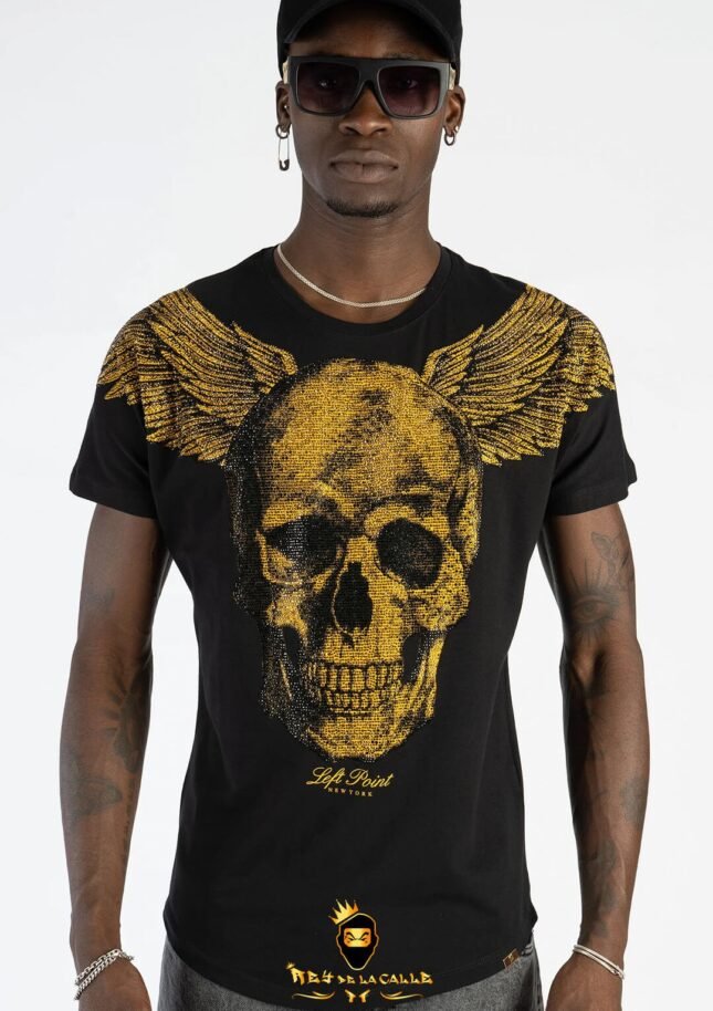 Camiseta Left Point Negra Pedrería Brillante Calavera Con Alas Doradas