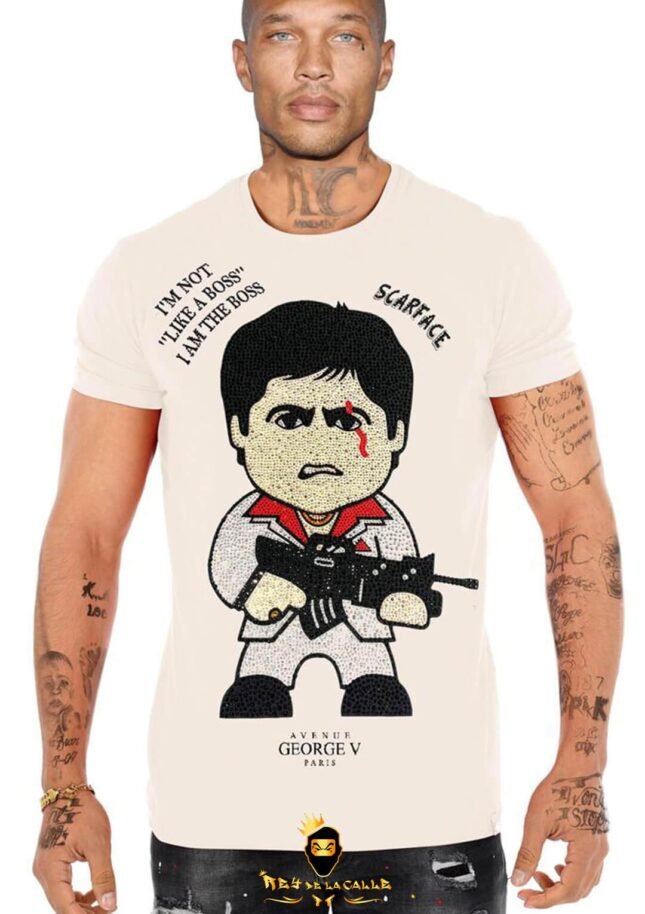 Camiseta Slim Fit Avenue George V París Blanca Pedrería Brillante Scarface