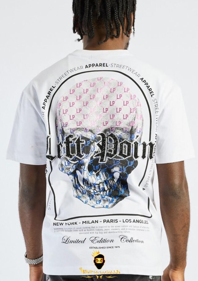 Camiseta Left Point Blanca Pedrería Brillante Calavera Rosa Con Azul