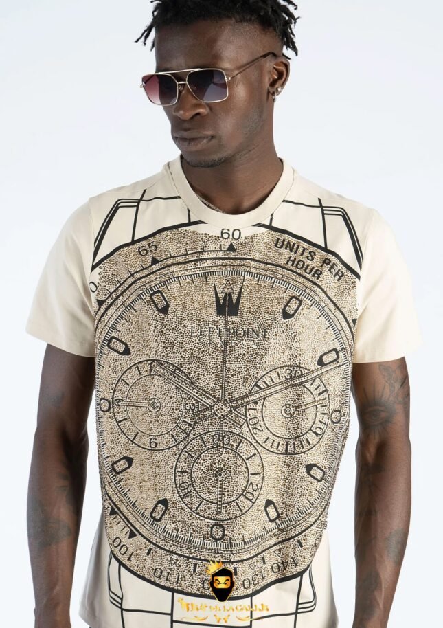 Camiseta Left Point Beige Pedrería Brillante Reloj Delantero