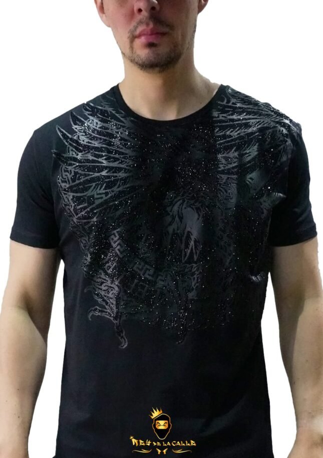 Camiseta Left Point Negra Pedrería Brillante Águila