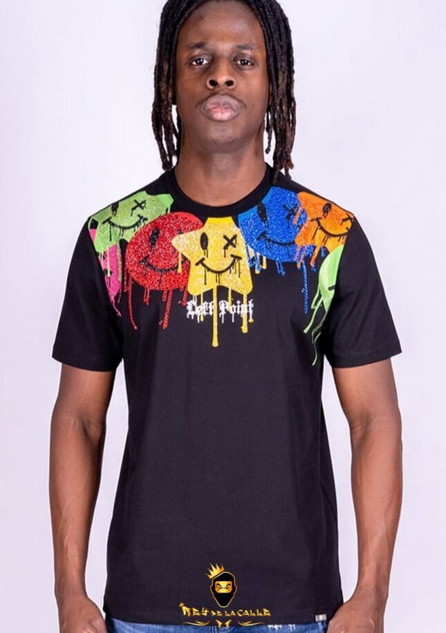 Camiseta Left Point Negra Pedrería Brillante Estrellas De Colores