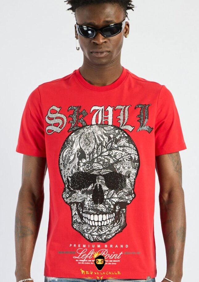 Camiseta Left Point Roja Pedrería Brillante Skull