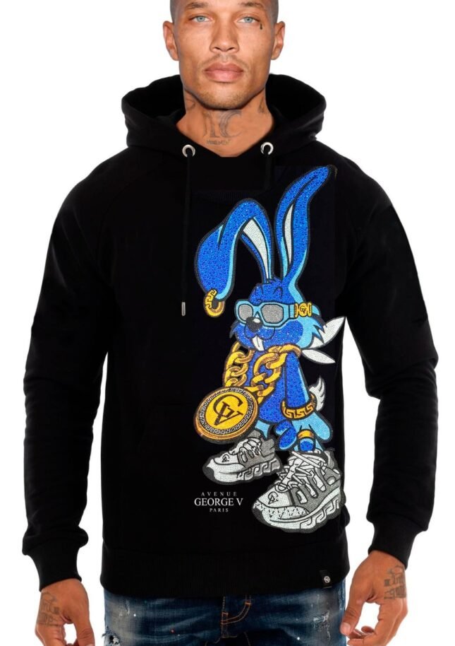 Sudadera Avenue George V París Negra Pedrería Brillante Conejo Azul