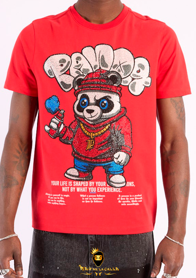 Camiseta Left Point Roja Pedrería Brillante Oso Panda