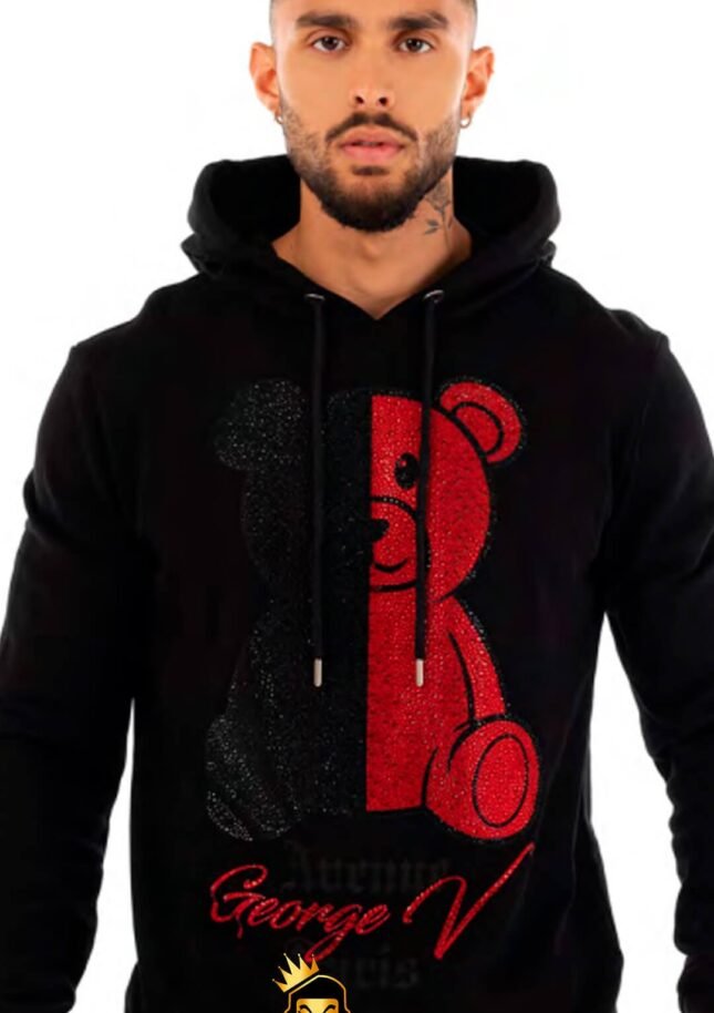 Sudadera Avenue George V París Negra Pedrería Brillante Oso Rojo/Negro