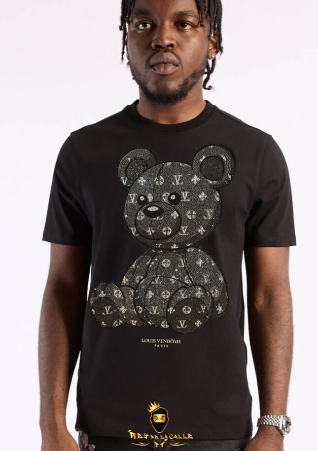 Camiseta Louis Vendome Negra Pedrería Brillante Oso Negro