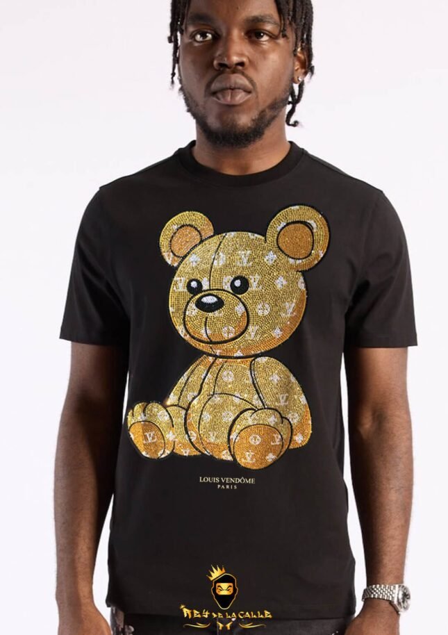 Camiseta Louis Vendome Negra Pedrería Brillante Oso Dorado