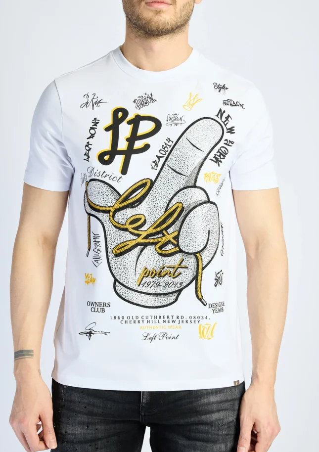 Camiseta Left Point Blanca Pedrería Brillante Dedo Apuntando