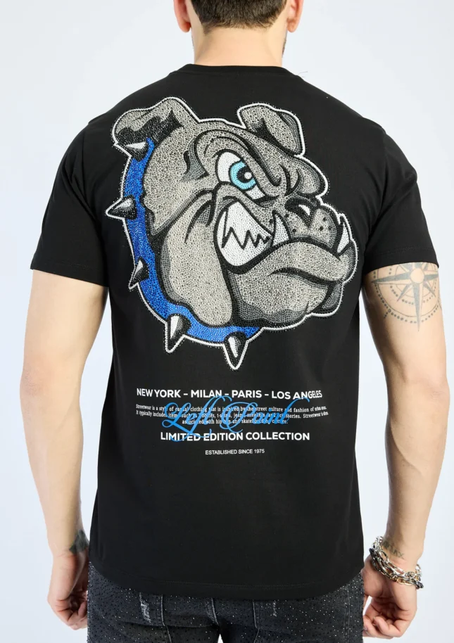 Camiseta Left Point Negra Pedrería Brillante Bulldog Collar Azul