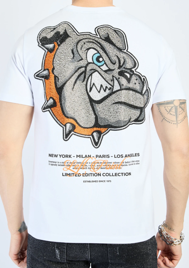Camiseta Left Point Blanca Pedrería Brillante Bulldog Collar Naranja