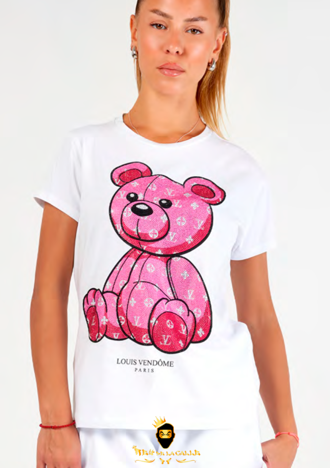 Camiseta Para Chica Louis Vendome Blanca Pedrería Brillante Oso Rosa
